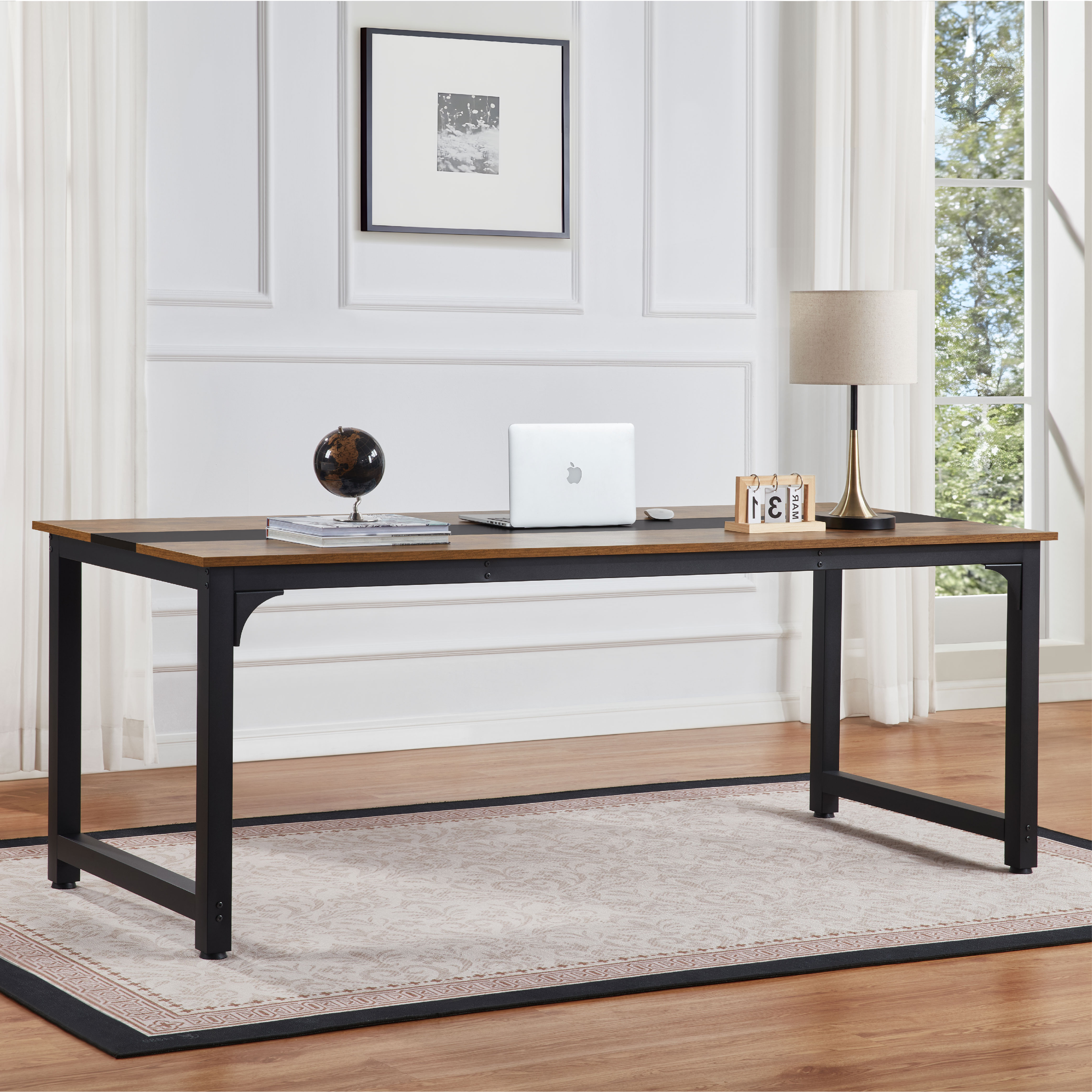 Computer Desk Large Office Desk, 79.5 Inch Gaming Desk Writing Desk Work Desk For Home Office, Study, Modern Simple Wooden Desk, Large Legroom, Metal Frame, Rustic/Black_voghion.com